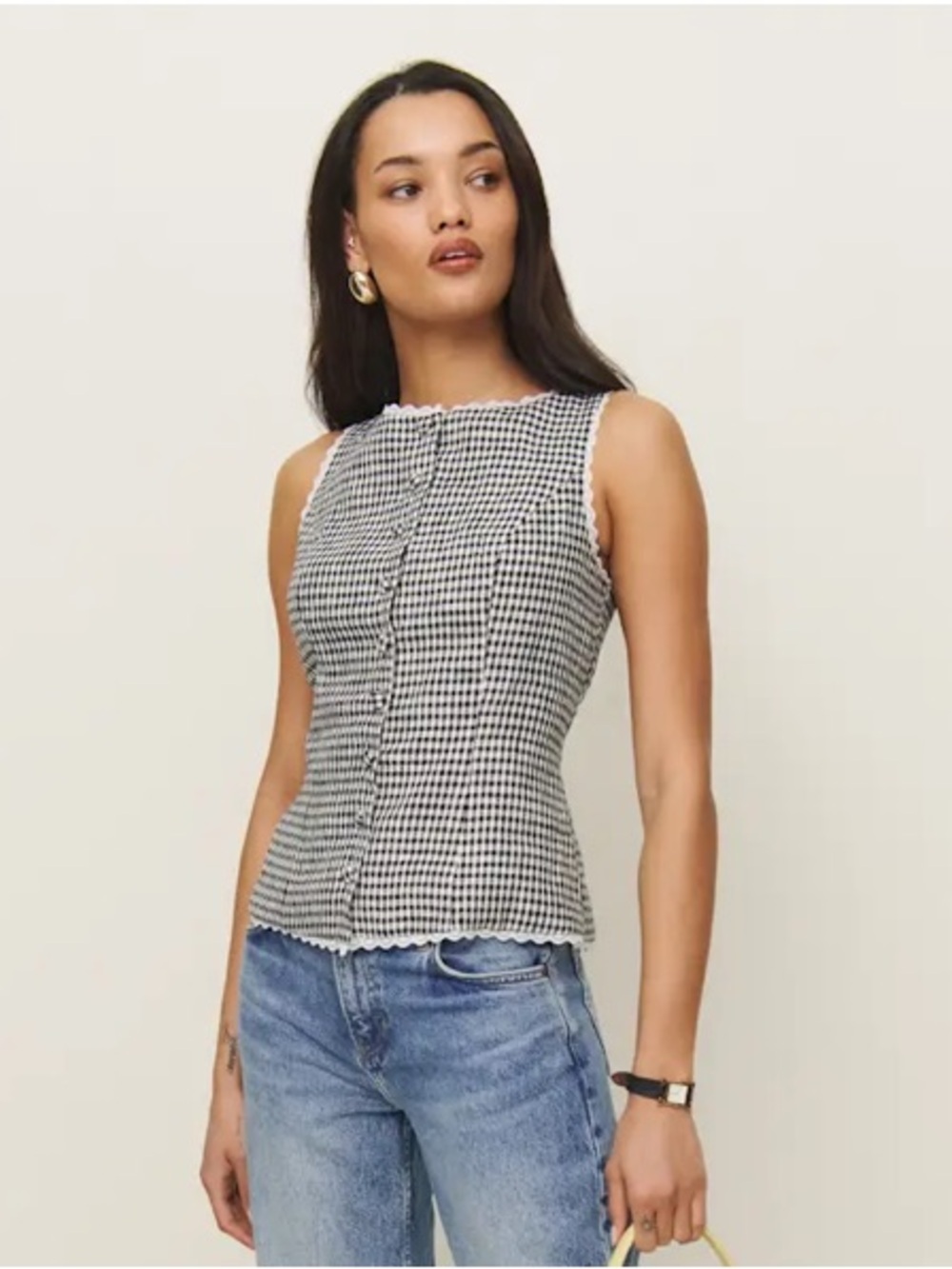 Reformation Amela Linen Gingham Button Lace Trim Sleeveless Top Remy Check Black - Picture 3 of 10